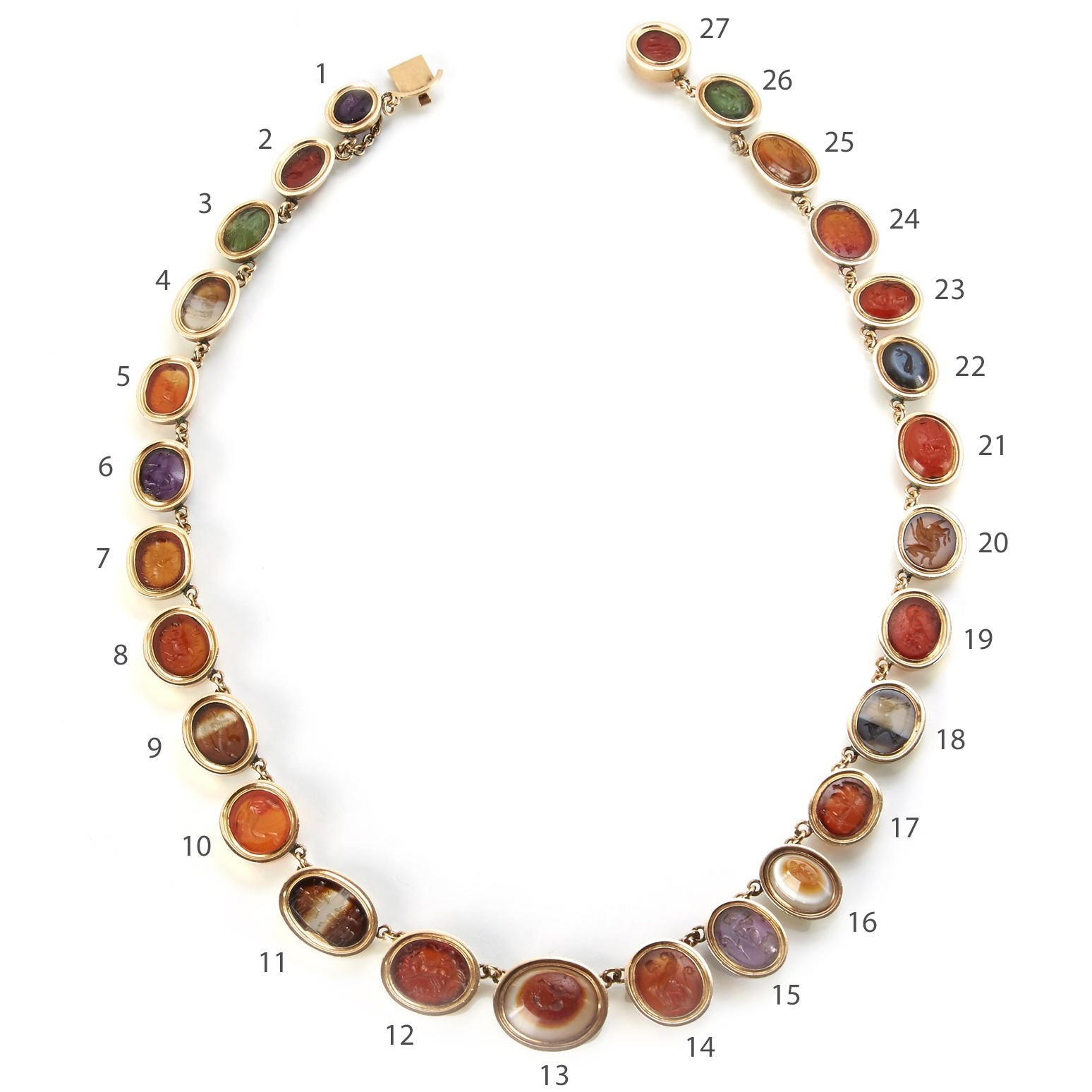 An important archaeological Roman intaglio set necklace. 27 Roman hardstone intaglios, mainly of the 1st century CE, 